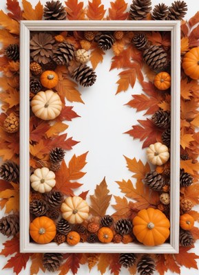 A white frame surrounded by autumn leaves and pumpkins