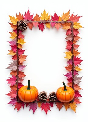 Autumn leaves frame pumpkins and pine cones