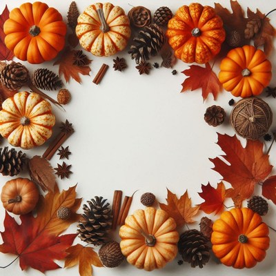 Autumn leaves and pumpkins create a festive frame