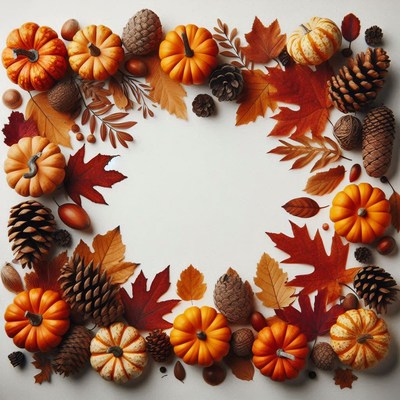 Pumpkins, pinecones, and leaves create a festive fall border