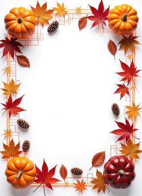Fall leaves and pumpkins frame a white background