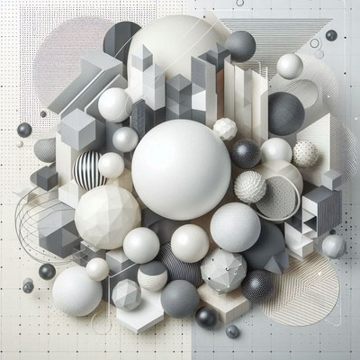 A collection of white and gray spheres and geometric shapes