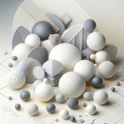 White and gray spheres on a patterned surface