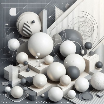 White and gray spheres sit on geometric shapes