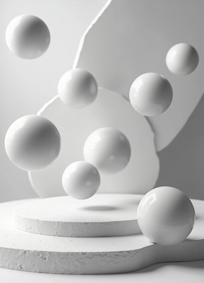 White spheres float above a white platform