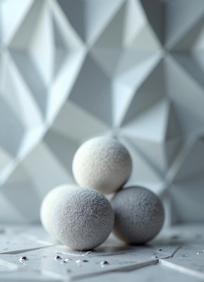 Three white spheres sit on a geometric surface