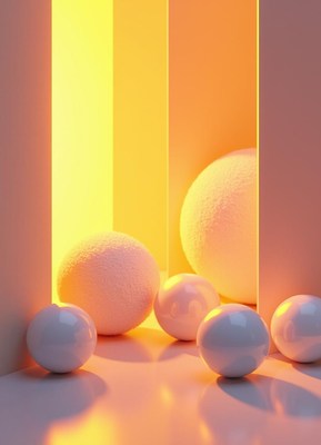 White spheres sit in a light-filled room