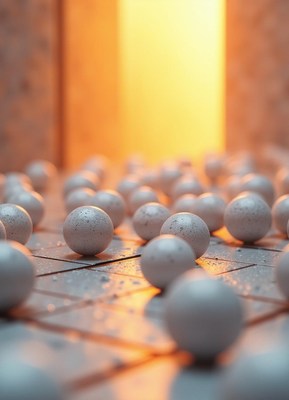 White spheres on gray with a blurred orange backdrop