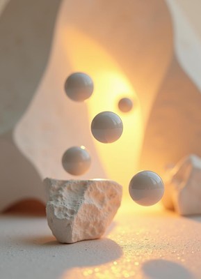 White spheres float near a rock