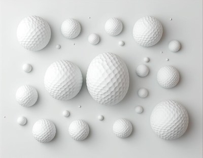 White spheres are arranged on a white background