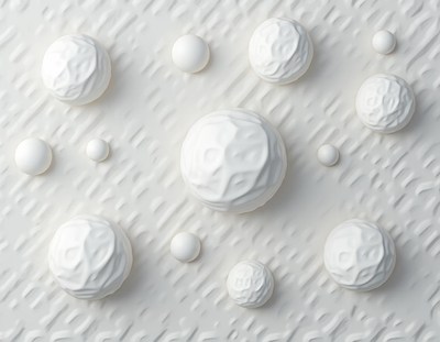 White spheres rest on a textured surface