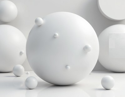 White spheres arranged on a white surface
