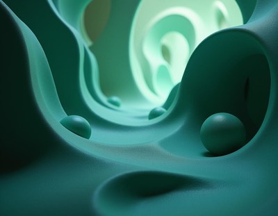 A green sphere rests in a curved, abstract space