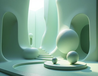 A 3d rendering of a light green, abstract interior space