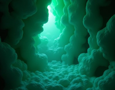 Green ice formations in a cave