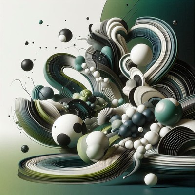 Abstract green and white spheres swirl around each other
