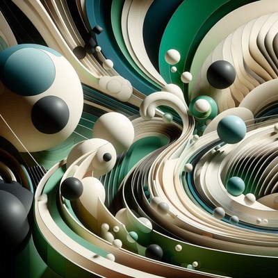 Abstract green and white spheres swirl in a 3d render