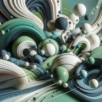 Abstract green and white spheres and swirls