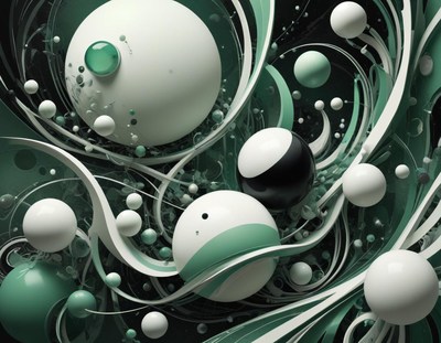 White and green spheres swirl in a digital vortex