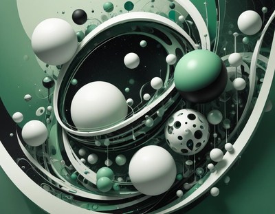 A swirling sphere arrangement in green hues