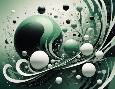 Green and white spheres are surrounded by swirling lines