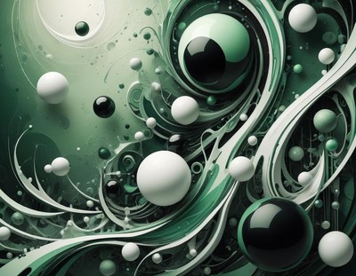 Abstract green and white spheres float in a swirling pattern