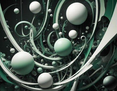Abstract spheres float in a green and white swirl