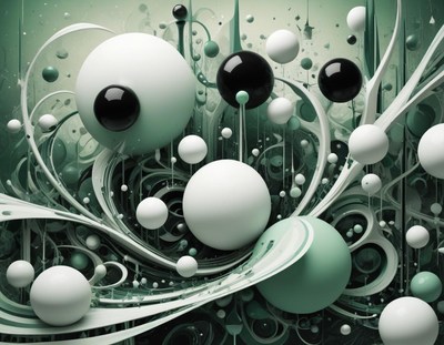 A digital art image of white and black spheres