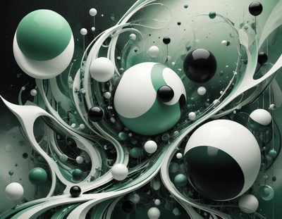 Green and white spheres float in an abstract 3d rendering