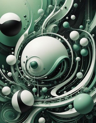 A green abstract design with spheres and swirls