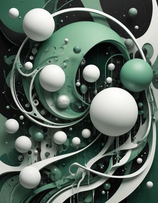 White and green spheres float in an abstract 3d design