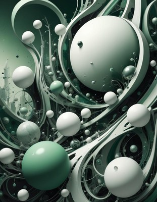 Green and white spheres drift through swirling lines