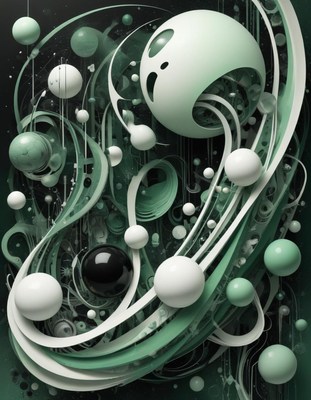Abstract green and white spheres with swirling lines