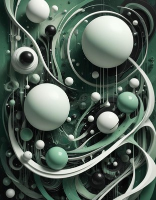 Green and white design with abstract spheres and lines