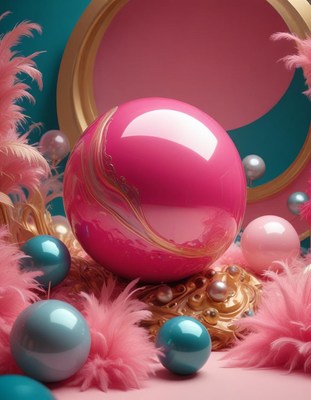 A large pink sphere with gold accents sits on a golden base