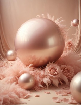 A shiny sphere rests among soft feathers and roses