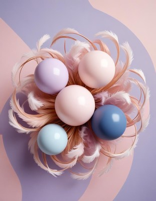 Pastel eggs nestled in feathers