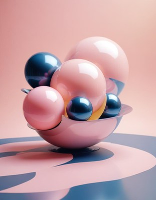 Pink and blue spheres sit in a bowl on a pink surface