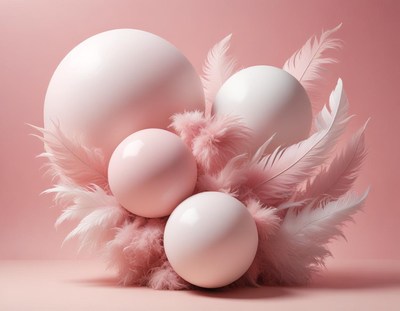 White and pink spheres rest in pink feathers