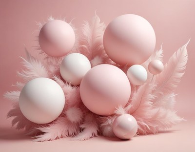 Pink and white spheres rest on feathers