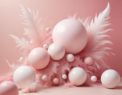Pink and white orbs rest on a bed of feathers