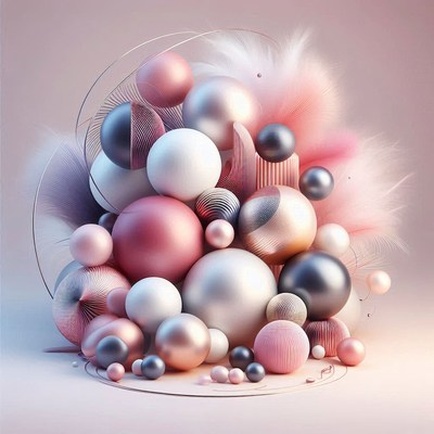 A cluster of colorful spheres rests on a pink surface