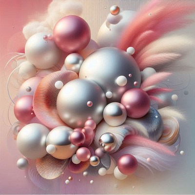 A cluster of metallic spheres with pink feathers