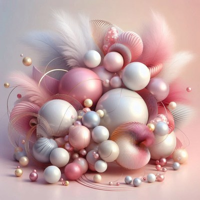 Pink and white spheres with feathers and spirals
