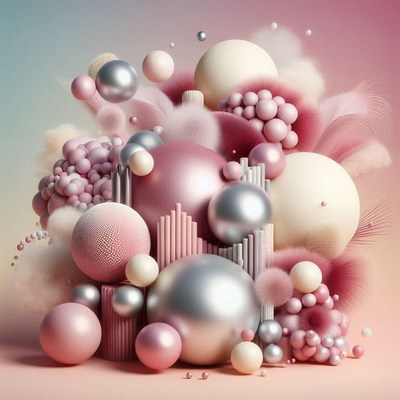 A cluster of pink and silver spheres with fuzzy textures