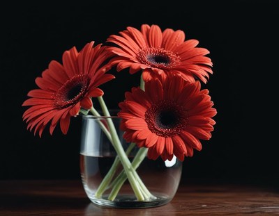 Red gerberas in a glass vase on a wooden table