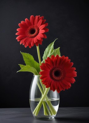 Two red gerberas in a clear vase