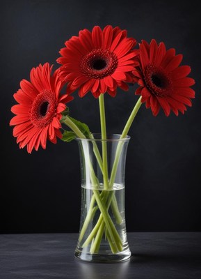 Three red gerbera daisies in a vase on a black table