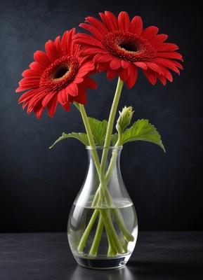 Two red gerbera daisies in a vase on a black surface