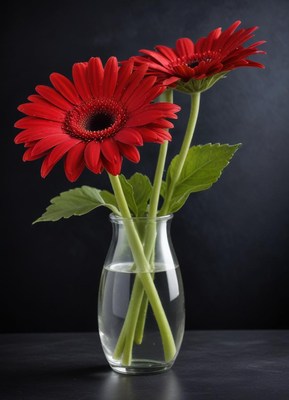 Red gerberas in a vase on a dark background